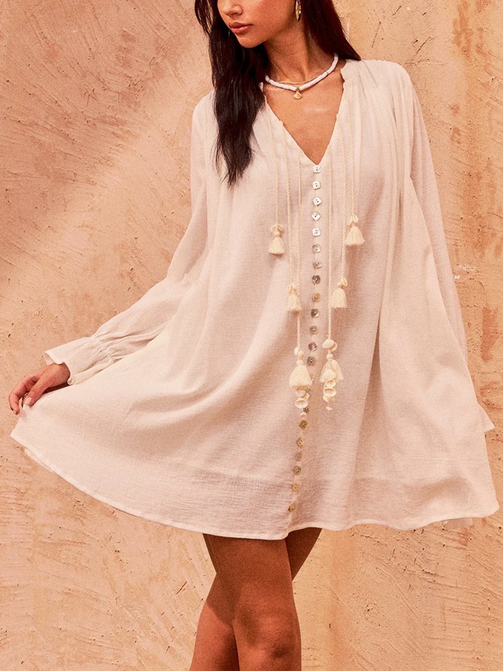 Commense Cream 100% Cotton Tassel Mini Dress Button Front Ivory Small NWT